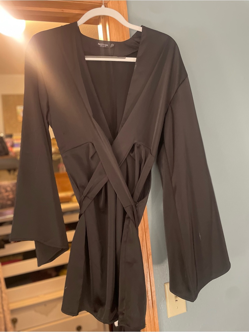 Nasty Gal Black Mini Wrap Dress with Bell Sleeves